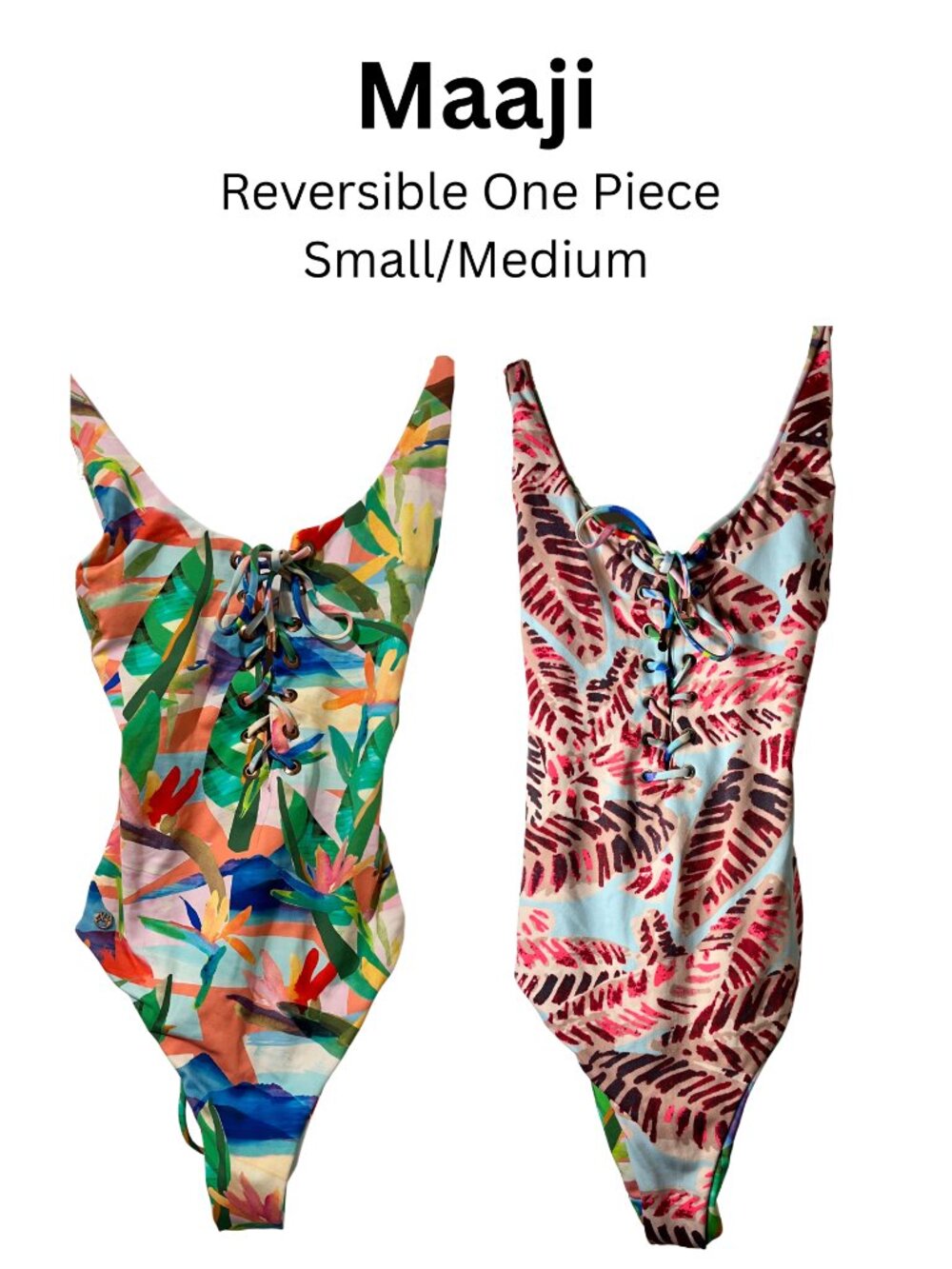 Maaji Reversible One Piece Swimsuit Lace Up Palm Floral S/M Bathing Suit Pool